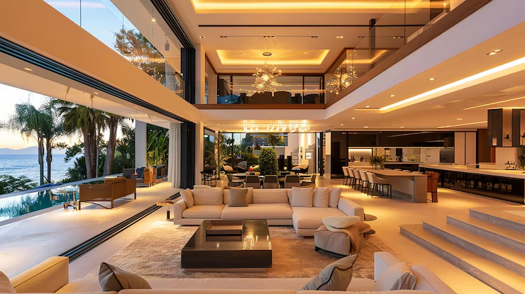 Interior luxuoso de uma casa moderna com vista para o mar ao pôr do sol